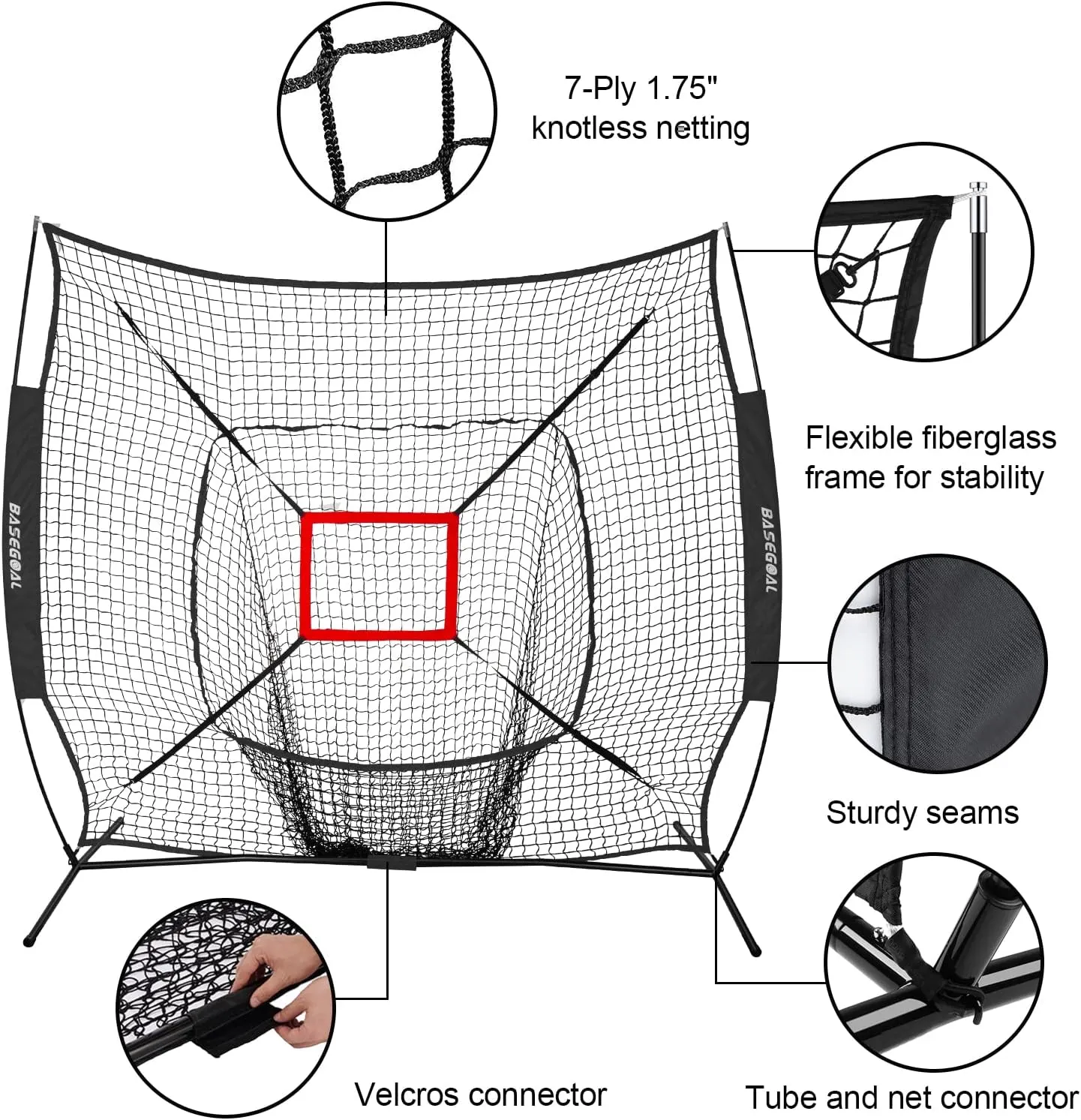 7'7' Baseball Softball Practice Net,Baseball Backstop,with Batting Tee,for Hitting Pitching Batting Catching with Bow Frame,Bonus Strike Zone