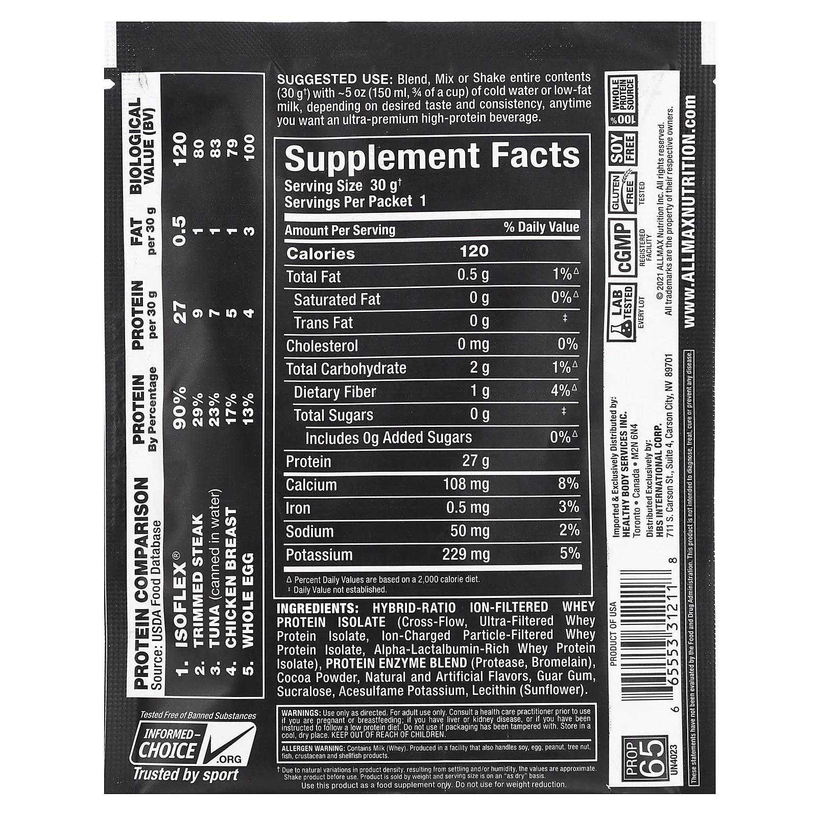 ALLMAX, Isoflex, Pure Whey Protein Isolate, Chocolate, 1 Sample Serving, 1.06 oz (30 g)