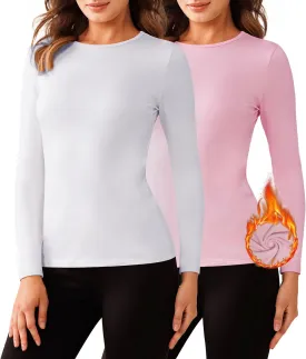 Bonneuitbebe Women's 2 Pack Long Sleeve Thermal Shirts Soft Crewneck Undershirt Tops Lightweight Base Layer Cold Weather