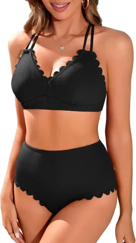 Charmo Women Scallop Trim Bikini Sets Ribbed Two Piece Bathing Suit V Neck High Waisted Swimsuits