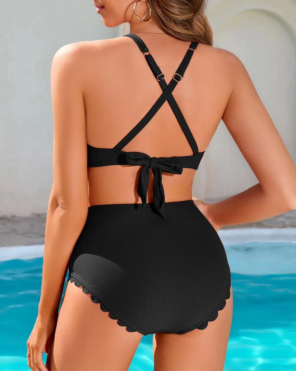 Charmo Women Scallop Trim Bikini Sets Ribbed Two Piece Bathing Suit V Neck High Waisted Swimsuits