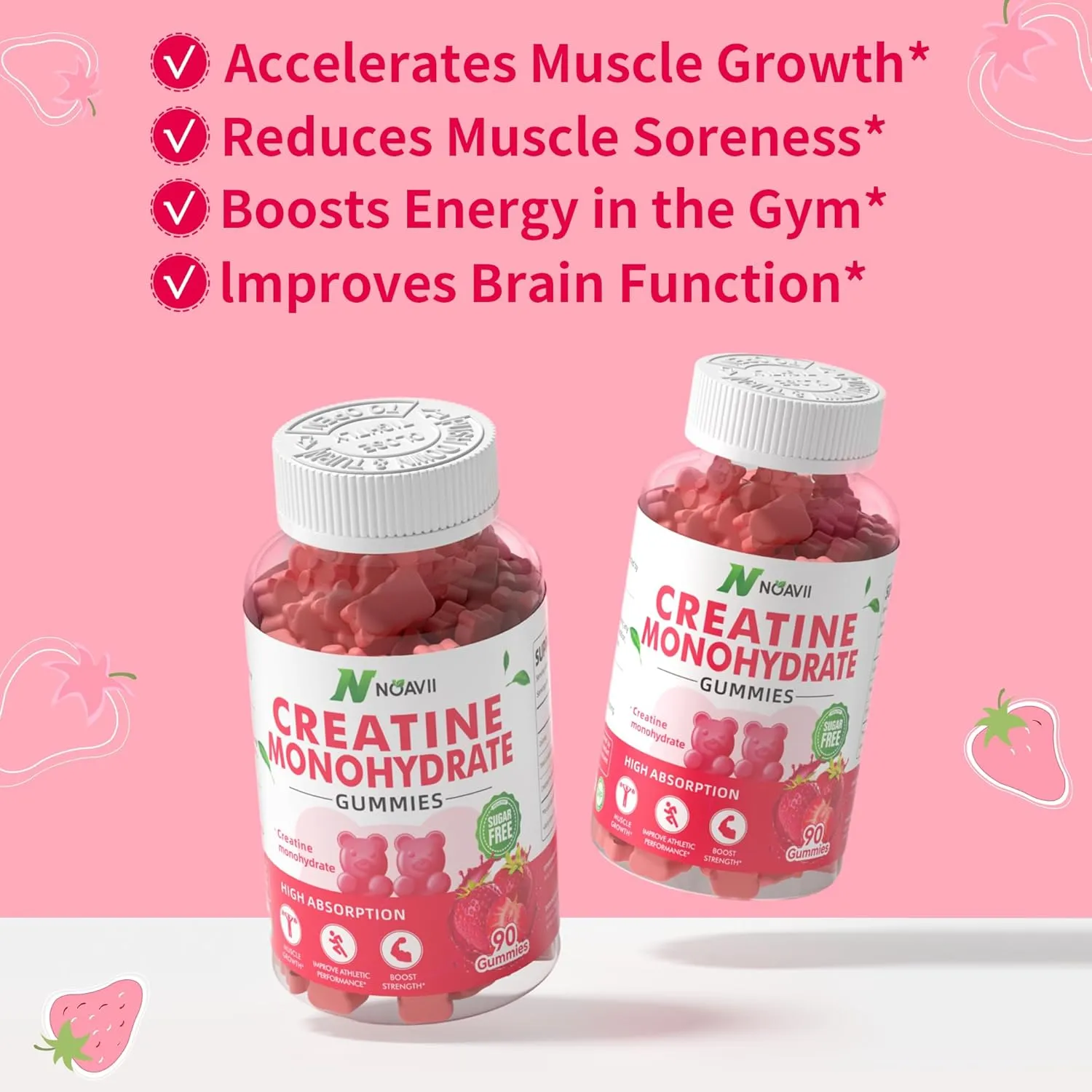 Creatine Monohydrate Gummies 5000mg for Men & Women, Chewables Creatine Monohydrate for Muscle Strength, Muscle Builder, Energy Boost, Pre-Workout Supplement-180 Strawberry Gummies