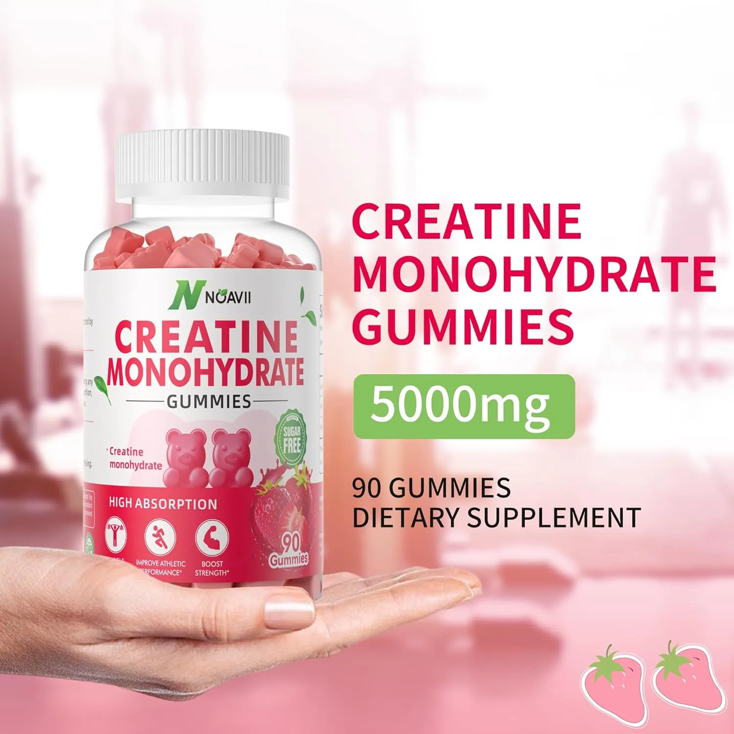 Creatine Monohydrate Gummies 5000mg for Men & Women, Chewables Creatine Monohydrate for Muscle Strength, Muscle Builder, Energy Boost, Pre-Workout Supplement-180 Strawberry Gummies