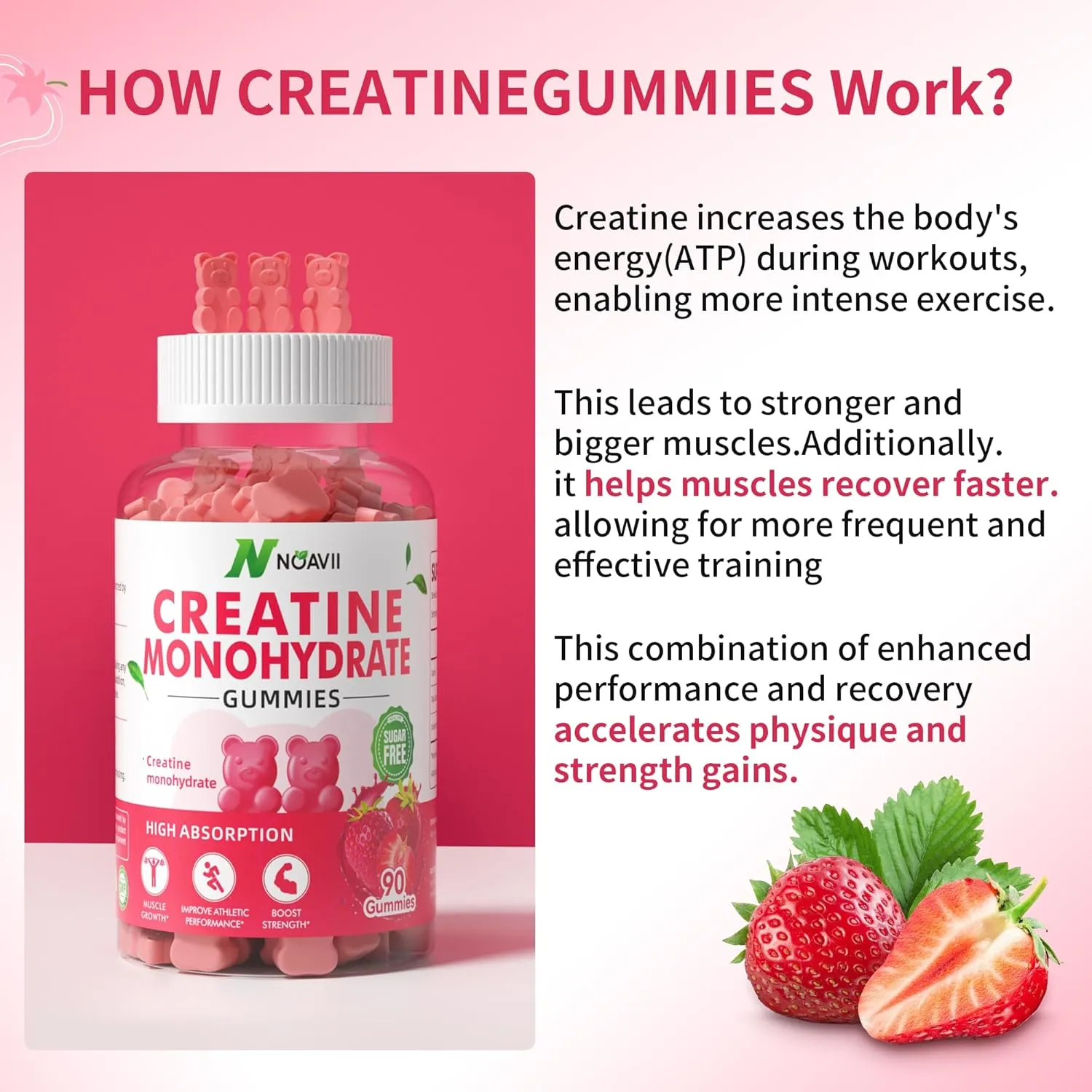 Creatine Monohydrate Gummies 5000mg for Men & Women, Chewables Creatine Monohydrate for Muscle Strength, Muscle Builder, Energy Boost, Pre-Workout Supplement-180 Strawberry Gummies