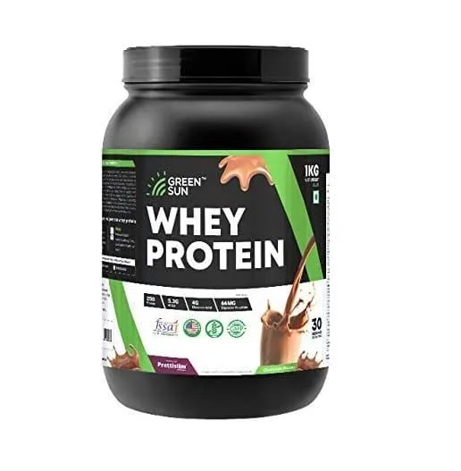 Green Sun Whey Protein Powder 1Kg | Tasty Chocolate | Sugar Free | Low Carb | Pure | Gold Standard | Digestive Enzymes | Enriched with BCAA |Certified GMP