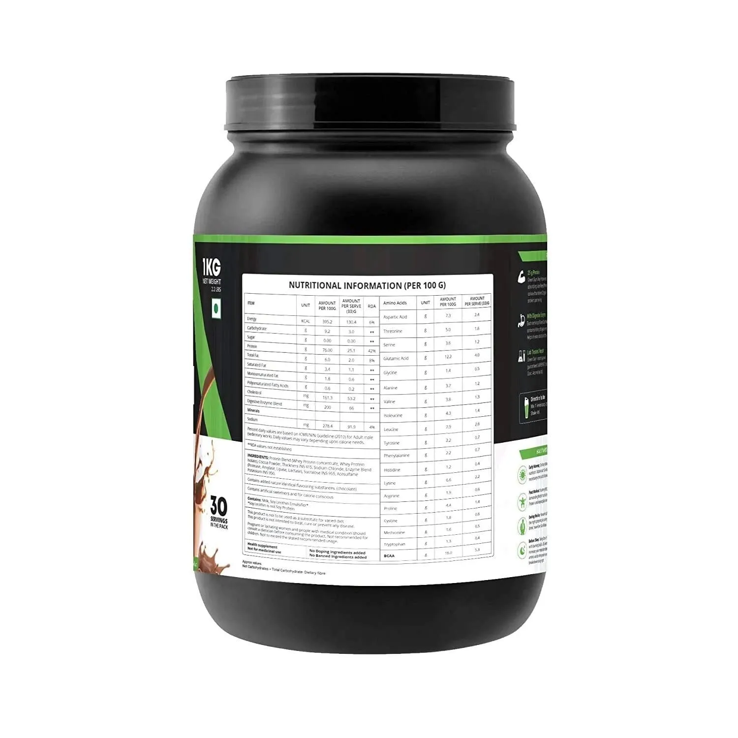 Green Sun Whey Protein with Free Protein Shaker | 1Kg | Tasty Chocolate | Sugar Free | Low Carb | Free Shaker | Pure Whey | Gold Standard | Digestive Enzymes | Enriched with BCAA |Certified GMP