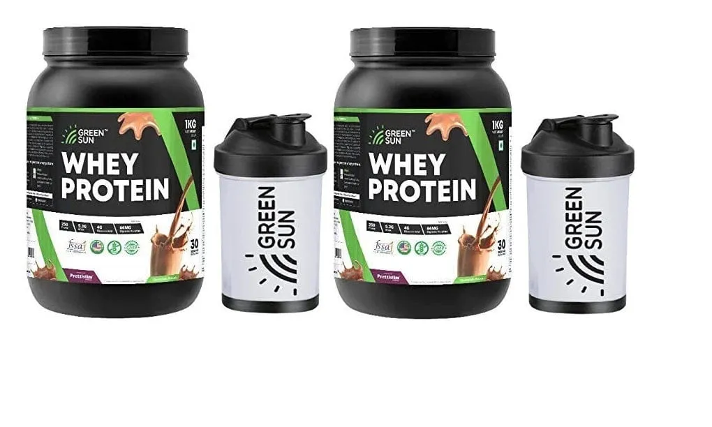 Green Sun Whey Protein with Free Protein Shaker | 1Kg | Tasty Chocolate | Sugar Free | Low Carb | Free Shaker | Pure Whey | Gold Standard | Digestive Enzymes | Enriched with BCAA |Certified GMP