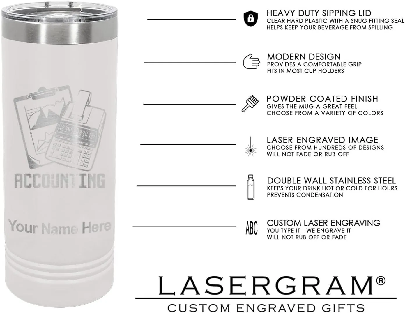 LaserGram 22oz Vacuum Insulated Skinny Tumbler, Cricket Player, Personalized Engraving Included (White)