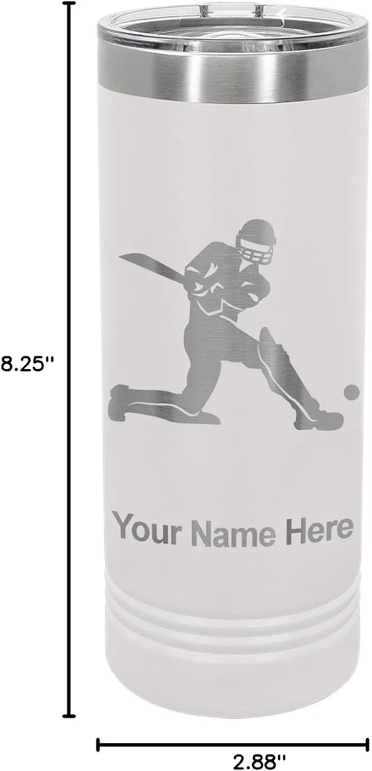 LaserGram 22oz Vacuum Insulated Skinny Tumbler, Cricket Player, Personalized Engraving Included (White)