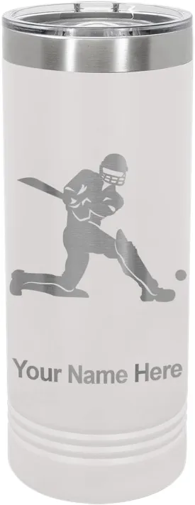 LaserGram 22oz Vacuum Insulated Skinny Tumbler, Cricket Player, Personalized Engraving Included (White)
