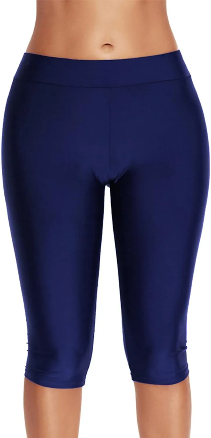 Lu's Chic Women's Long Swim Shorts Swimming Board Shorts High Waisted Tummy Control Capri Legging