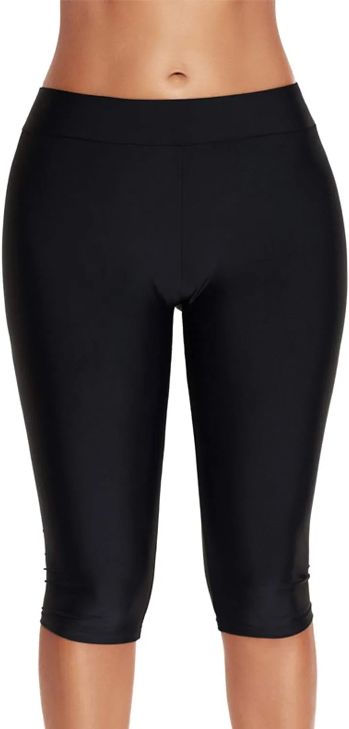 Lu's Chic Women's Long Swim Shorts Swimming Board Shorts High Waisted Tummy Control Capri Legging