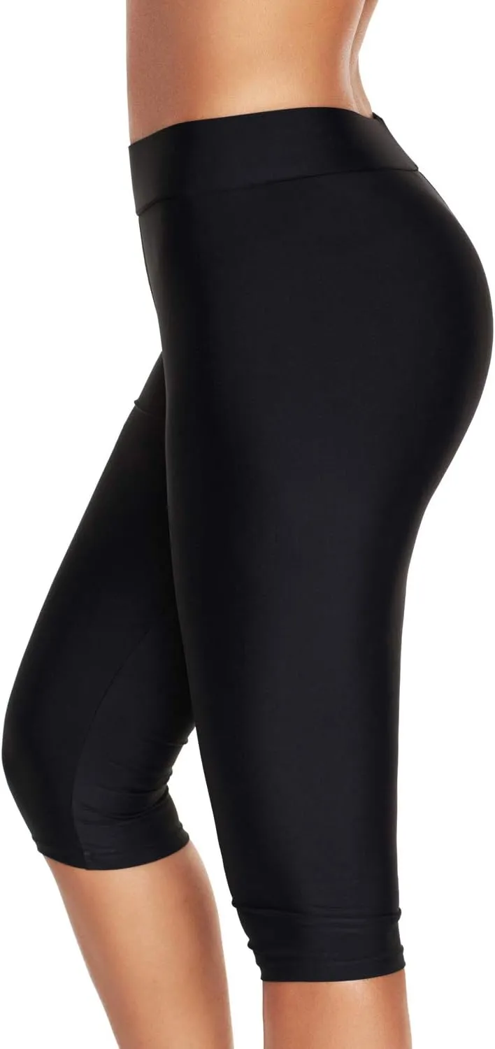 Lu's Chic Women's Long Swim Shorts Swimming Board Shorts High Waisted Tummy Control Capri Legging