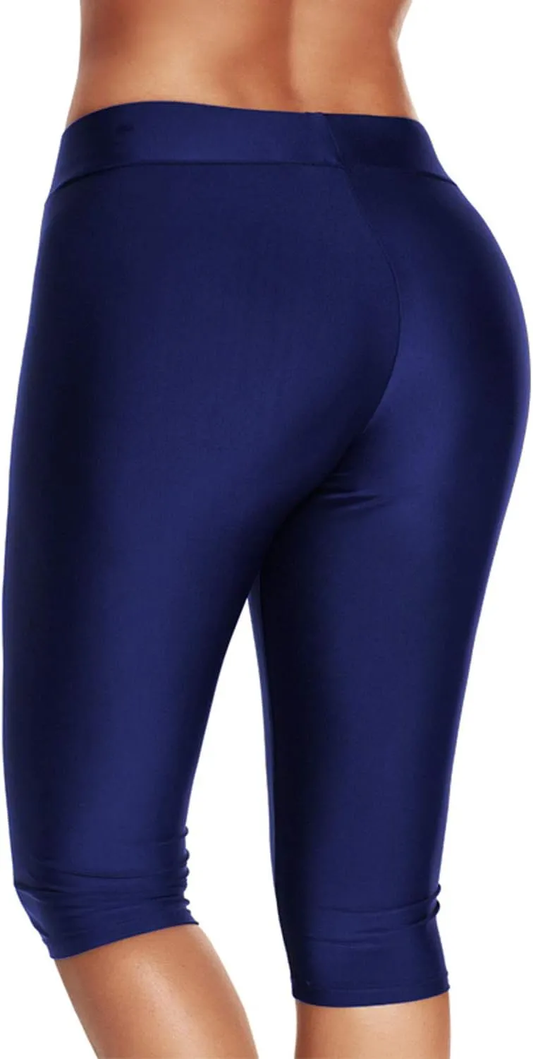 Lu's Chic Women's Long Swim Shorts Swimming Board Shorts High Waisted Tummy Control Capri Legging