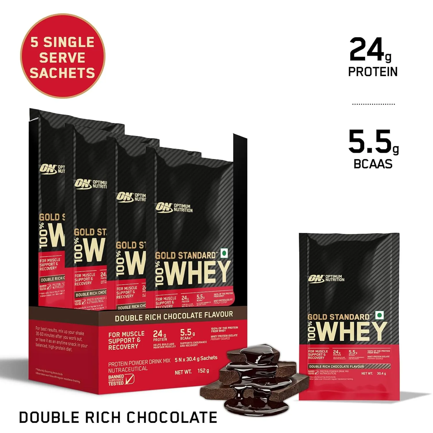 Optimum Nutrition Gold Standard 100% Whey Protein Powder 5 Sachet- (Double Rich Chocolate)