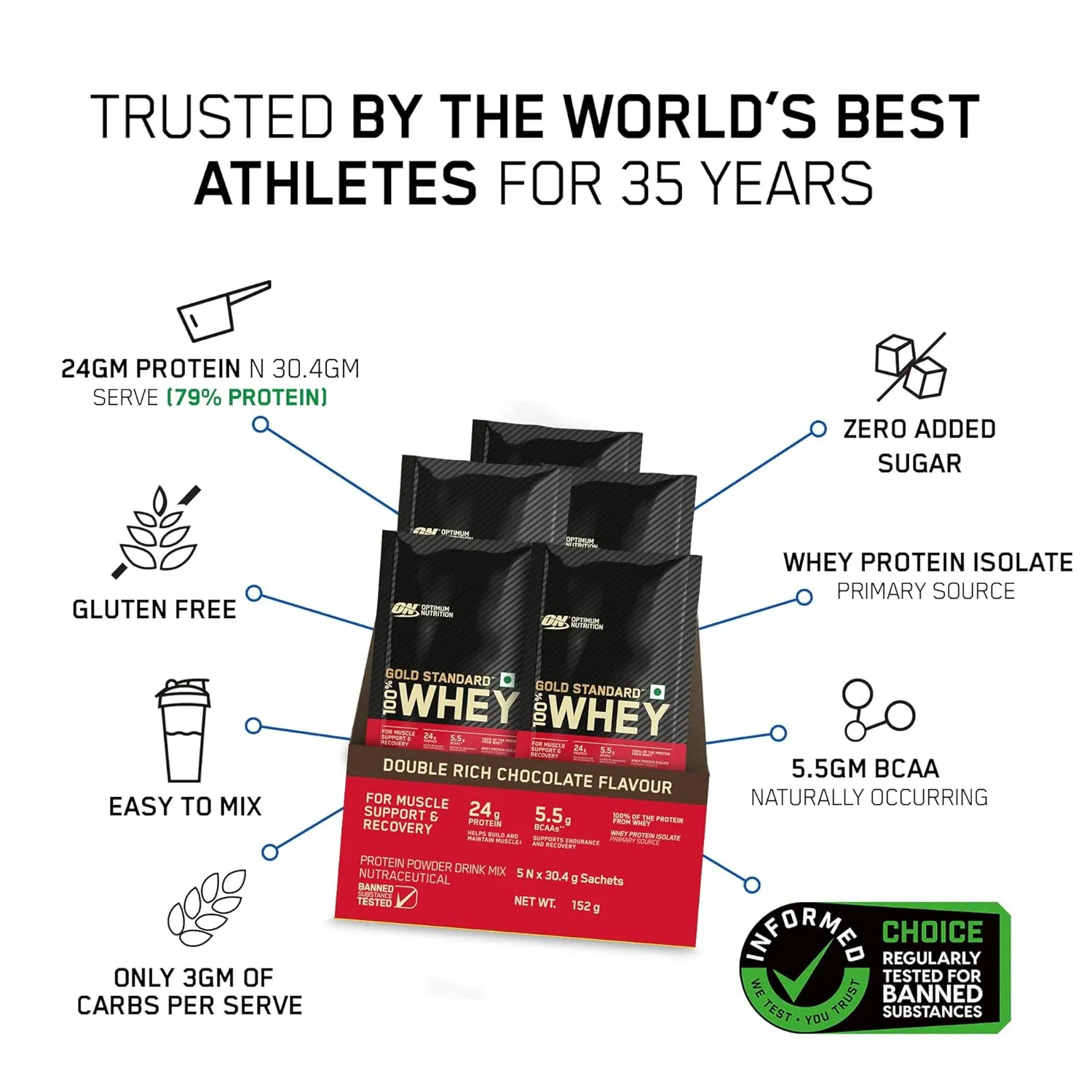 Optimum Nutrition Gold Standard 100% Whey Protein Powder 5 Sachet- (Double Rich Chocolate)