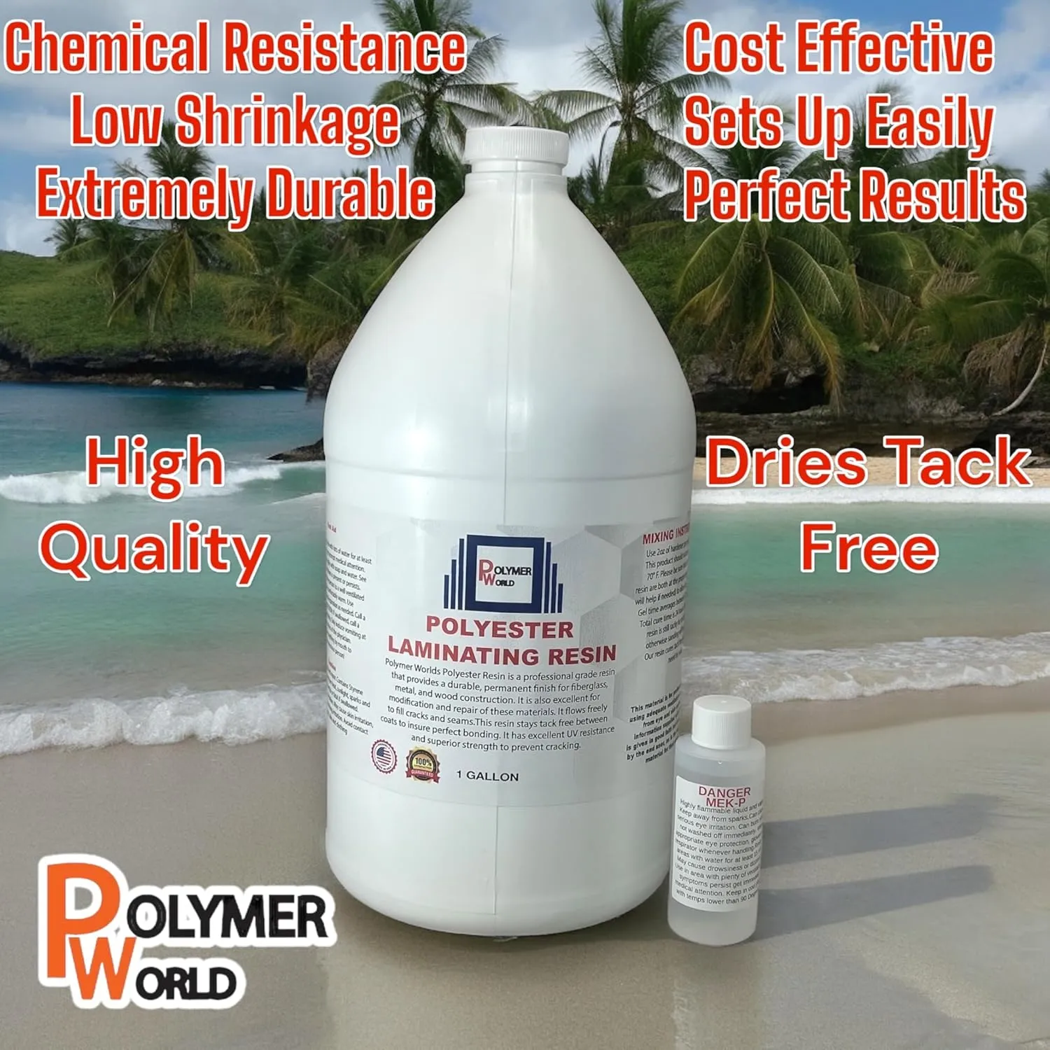 Polymer World- Polyester Resin 3 Gallon Kit with MEKP for Boats, Cars, Surfboard, RV, Pools,Canoes, Jetskis, Watercrafts (1, 3 Gallons)