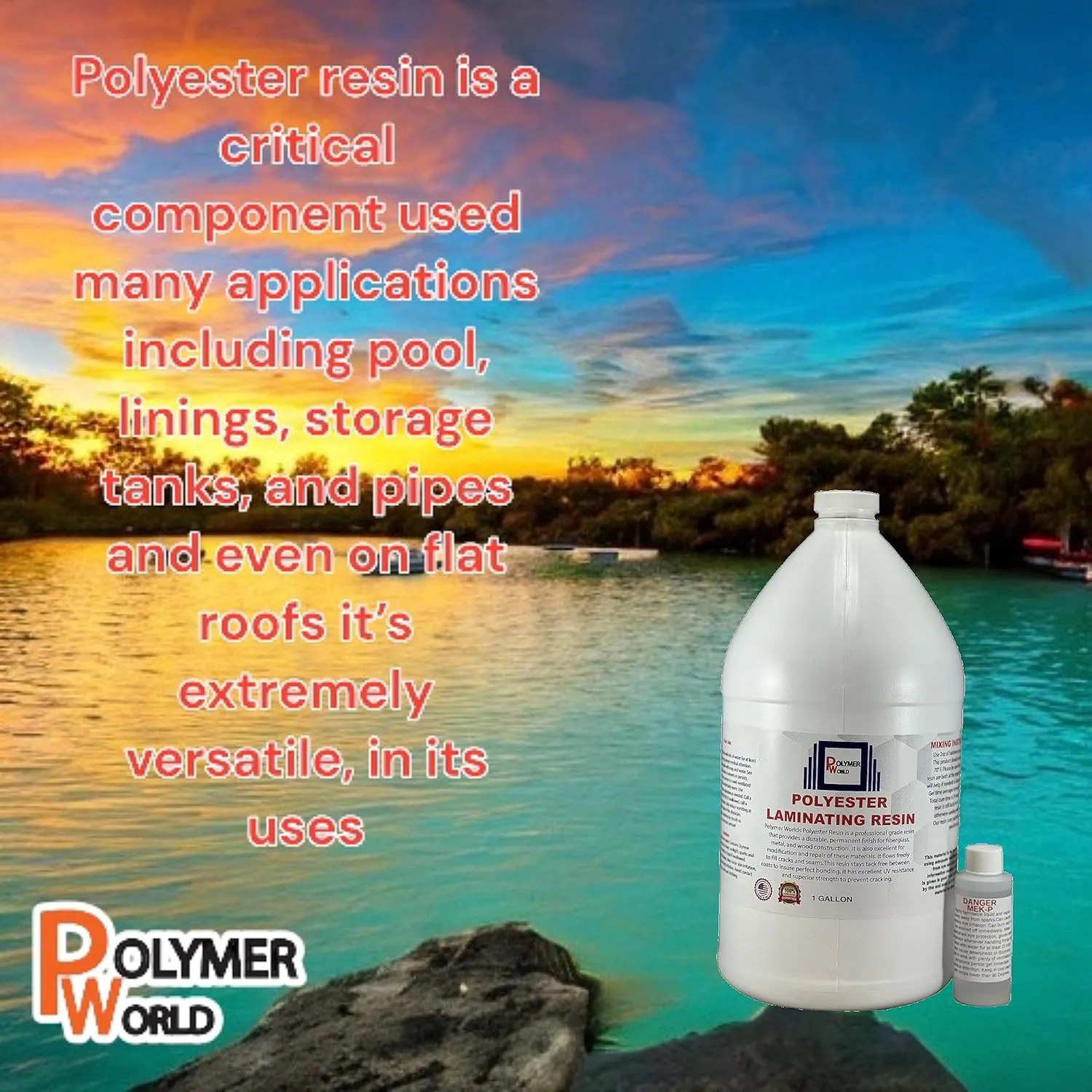 Polymer World- Polyester Resin 3 Gallon Kit with MEKP for Boats, Cars, Surfboard, RV, Pools,Canoes, Jetskis, Watercrafts (1, 3 Gallons)
