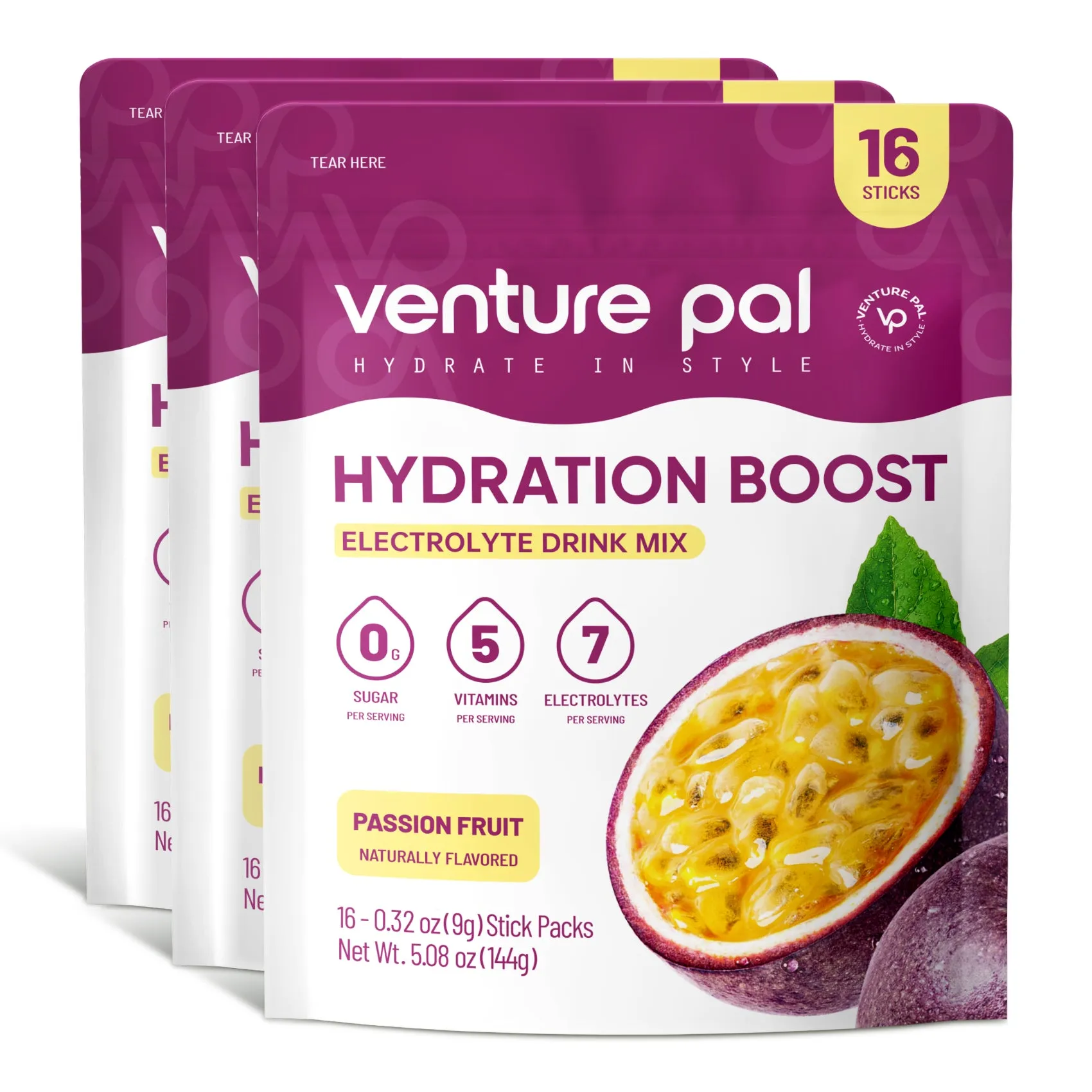 Venture Pal Sugar Free Electrolyte Powder Packets - Passion Fruit Flavor - 16 Sticks