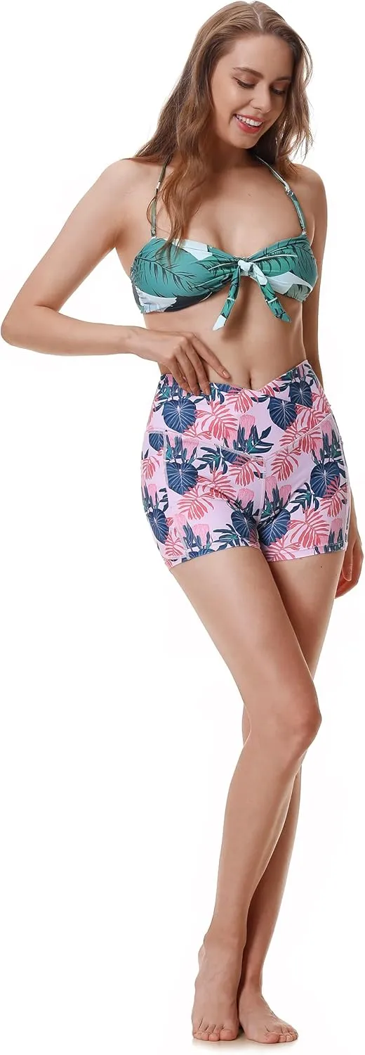 Womens 3/5" Swim Shorts High Waisted Board Shorts Bathing Suit Bottoms
