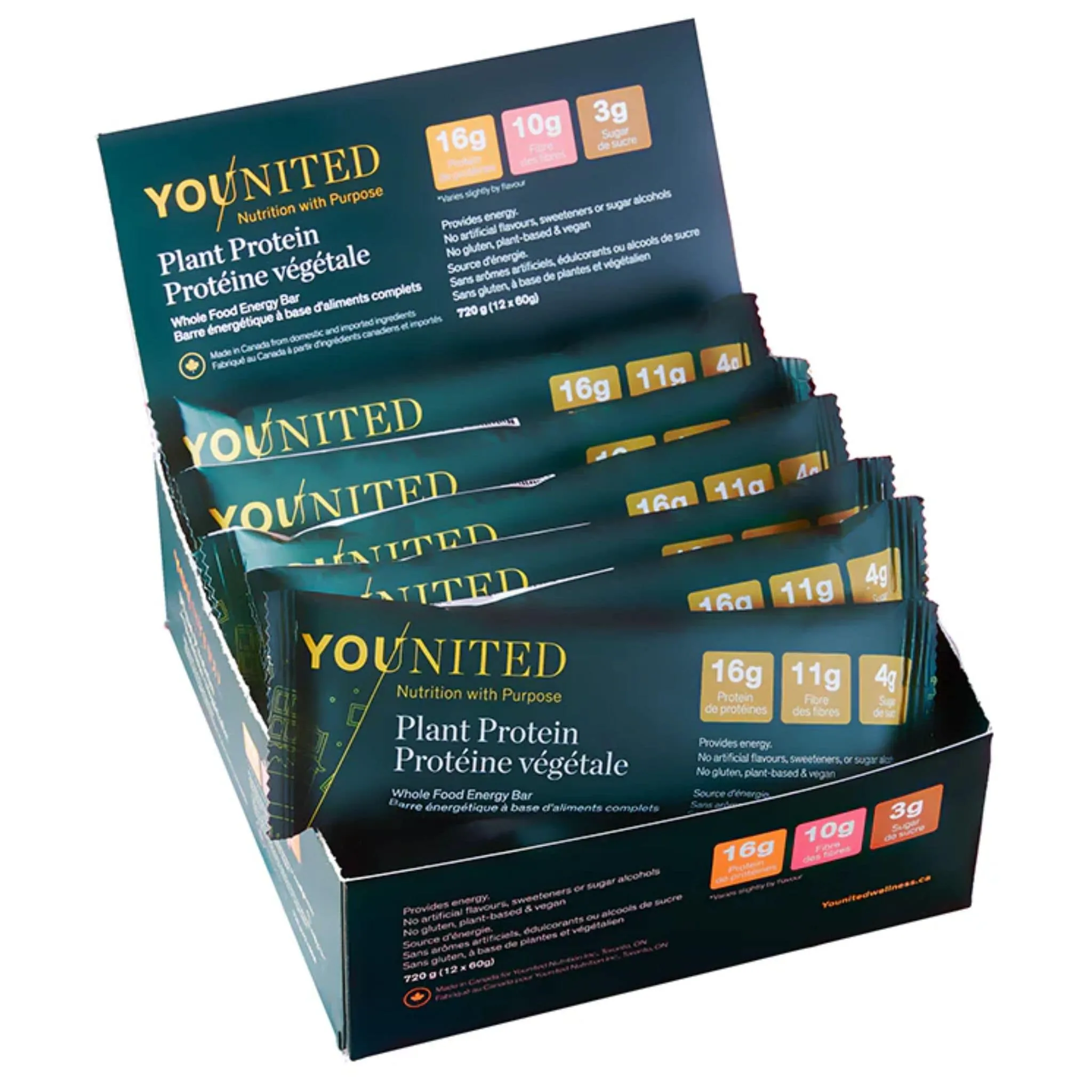 Younited Plant Protein Snack Bar, High Protein High Fibre Low Sugar Protein Bar, Box of 12 Bars