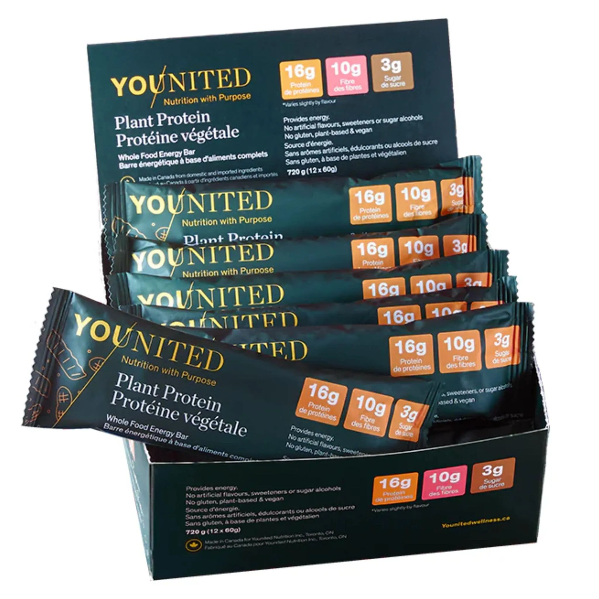 Younited Plant Protein Snack Bar, High Protein High Fibre Low Sugar Protein Bar, Box of 12 Bars