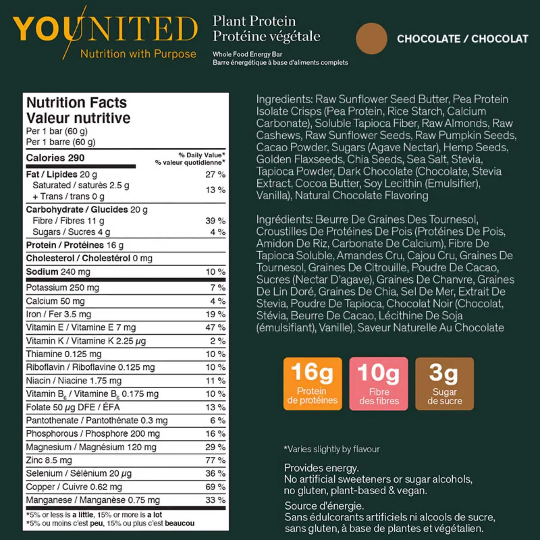 Younited Plant Protein Snack Bar, High Protein High Fibre Low Sugar Protein Bar, Box of 12 Bars