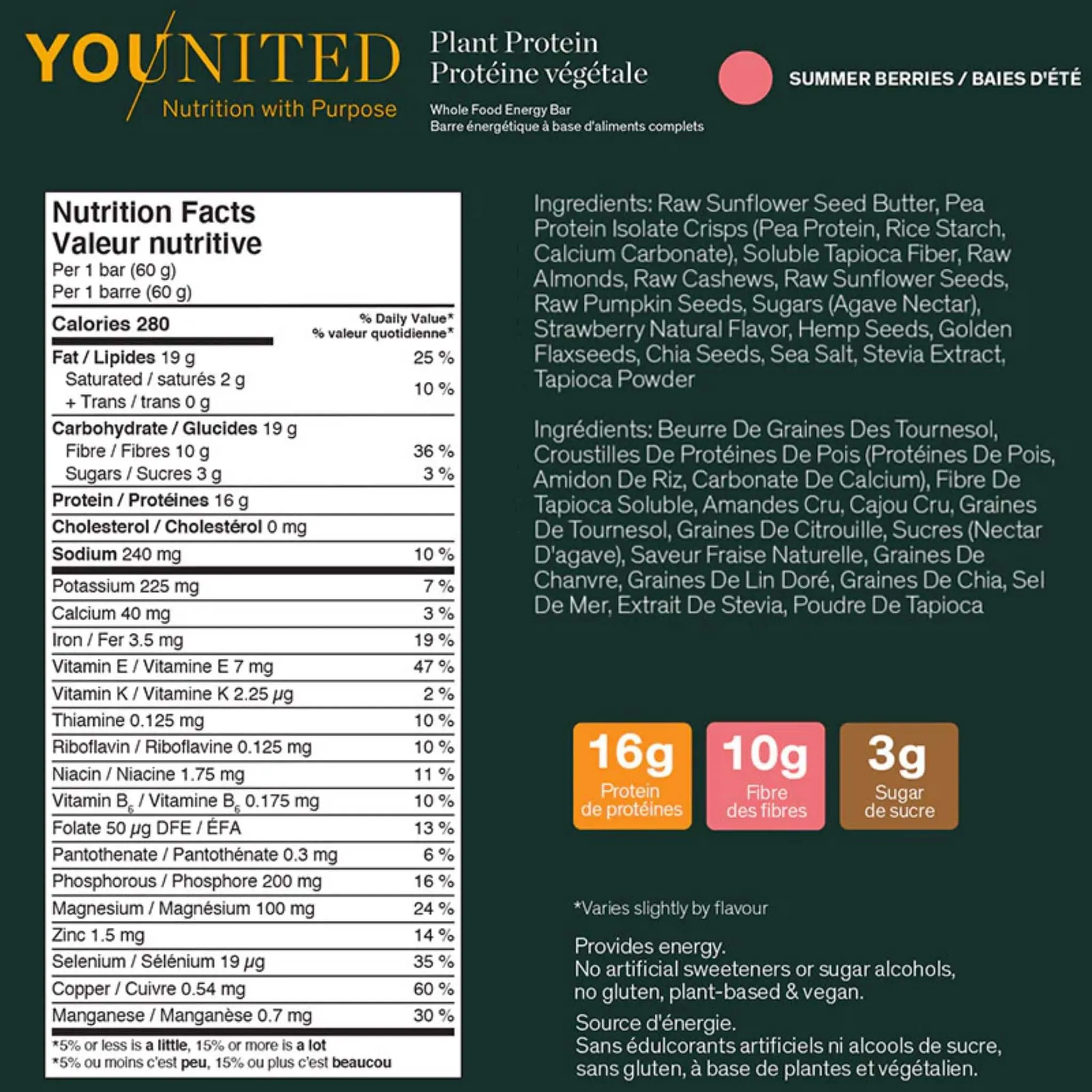 Younited Plant Protein Snack Bar, High Protein High Fibre Low Sugar Protein Bar, Box of 12 Bars