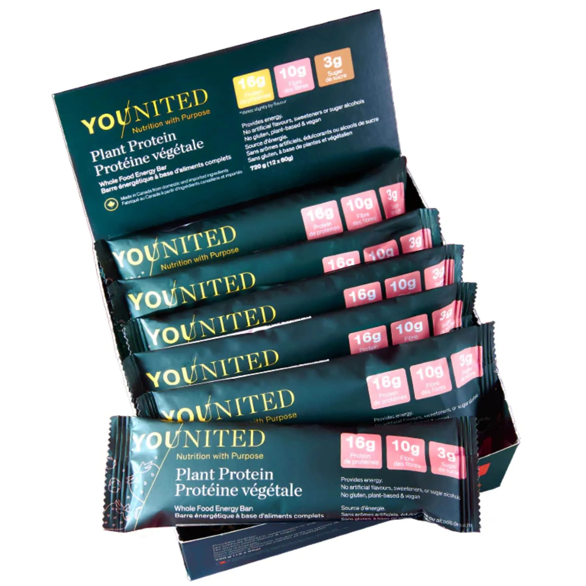 Younited Plant Protein Snack Bar, High Protein High Fibre Low Sugar Protein Bar, Box of 12 Bars